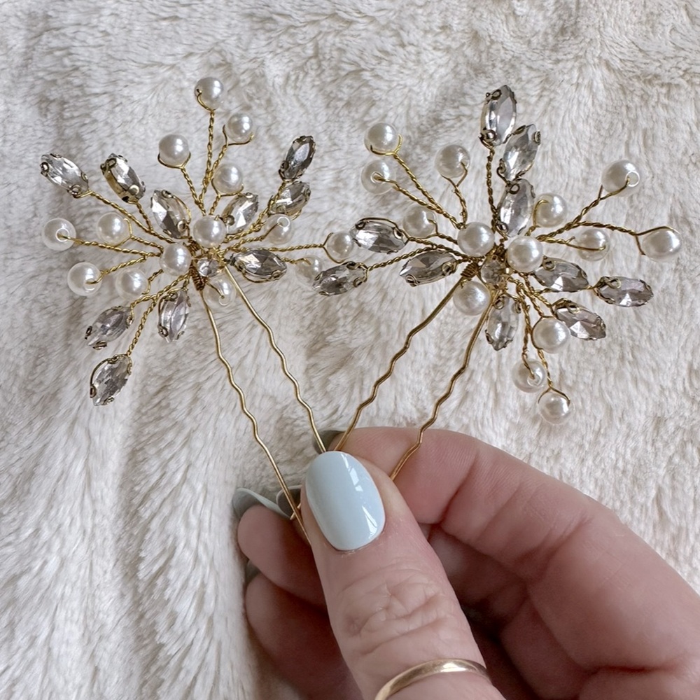 Rhinestone & Pearl Hair Accessories for Women & Girls Pair of 2 Gold